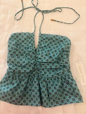 bishop + young turquoise floral halter peplum top